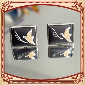 💕Beautiful Vintage Rectangle Cufflinks Silver Tone Black Stone Gold Leaves💕